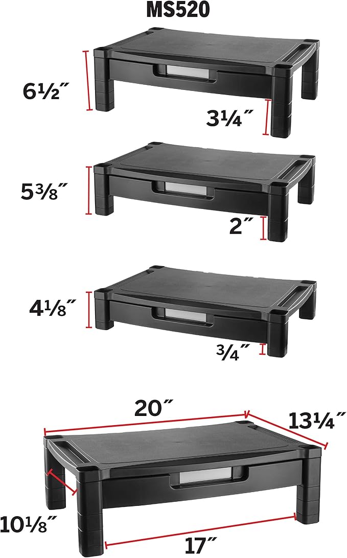Kantek Wide Deluxe Two-Level Monitor Stand With Drawer, 20" X 13.25" X 3" To 6.5", Black, Supports 50 Lbs - Image 2