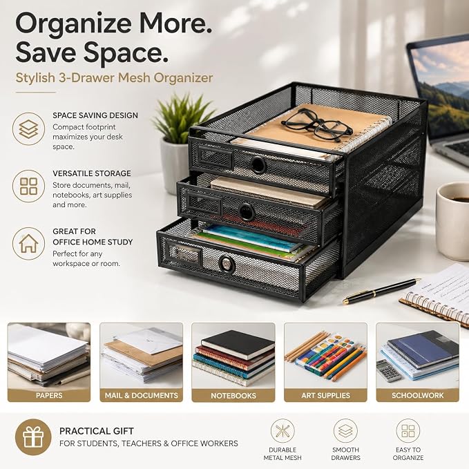 EXERZ Paper Sorter 3 Tier Drawers A4 / Multifunctional Desk Organiser/Letter Tray - Documents, Magazines, Notebooks and Letters | Pull Out Metal Mesh Drawers For A4 Documents Magazines Notebooks And Letters Space Saving Storage For Office Home Study - Image 5