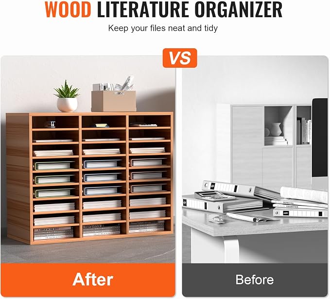 VEVOR 27 Compartments Wood Literature Organizer, Adjustable Shelves, Medium Density Fiberboard Mail Center, Office Home School Storage for Files, Documents, Papers, Magazines, Burlywood - Image 2
