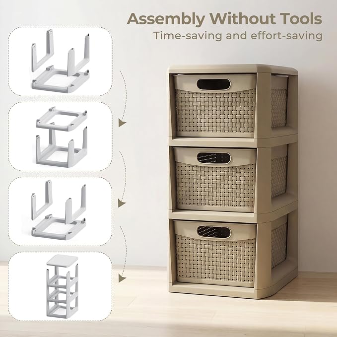 Giantex 2 Pack 3-Drawer Storage Organizer, Plastic Wicker Tower Baskets, Counterop & Under-desk Compact Container Boxes for Office, Bedroom, Bathroom, Living Room, Taupe - Image 5