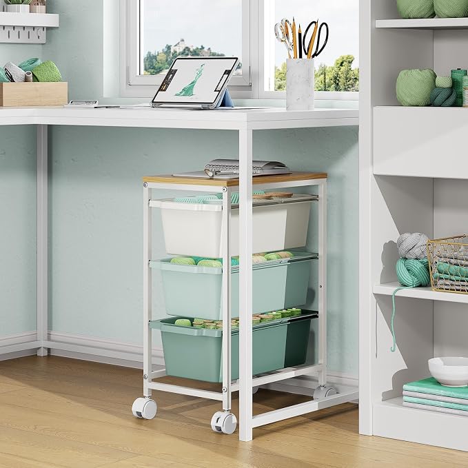 KINGBOARD Slim Rolling Cart with 3 Drawers, Metal Utility Storage Cart | Wooden Tabletop, Lockable Wheels, Under Desk Trolley for Bedroom, Children's Room and Office Organization, Green - Image 7