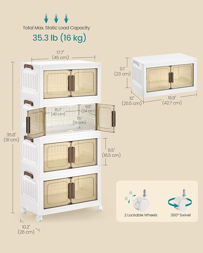 SONGMICS 26QT Plastic Storage Bins with 1 Lid, 4-Tier Stackable Bins with Doors and Wheels, Foldable Storage Boxes, for Closets, Bedroom, Living Room, Office, White URLB445WZ01 - Image 6