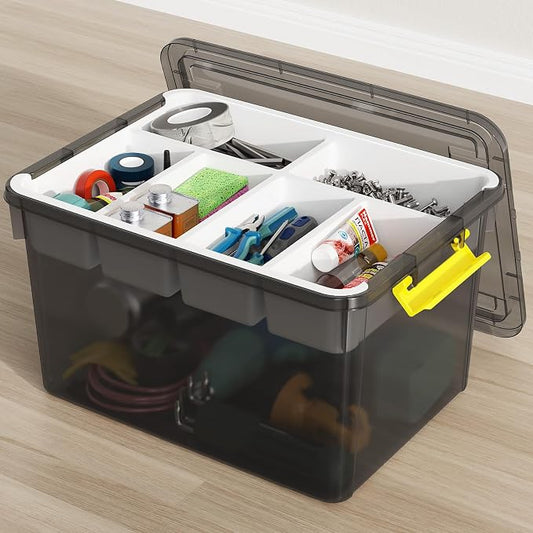 40Qt Stackable Storage Bins with Lid Tray Craft Box Organizer, 1Pack,GY | Clear Plastic Latching Boxes Organizers with Dividers Portable Containers for Arts & Crafts, Home Office Classroom Car Trunk by HOMETUK