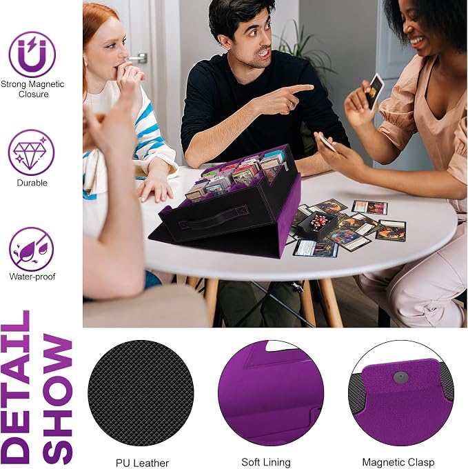Trading Card Storage Box - 3200+ MTG Deck Box with Commander Display & Portable Handle, 4-Row Card Case Compatible for MTG/TCG/Magic Cards, 30 Colorful Divider, 8 Card Supporters (Black & Purple) - Image 7