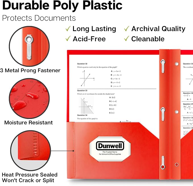 Dunwell Plastic 2-Pocket Folders with 3 Prongs, (24 Pack, Red), Durable Acid-Free Poly is Cleanable, Tear Resistant, 3-Clasp Document Holder, Labels Included - Image 3