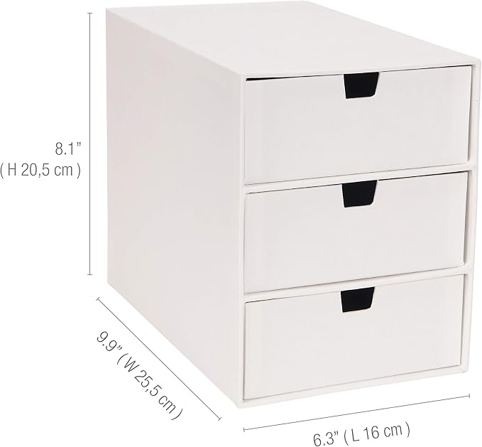 Bigso Box of Sweden Ingrid 3-Drawer Fiberboard Desk Organizer for Office Supplies and Accessories - Stackable Makeup Drawer Organizer - 6.3in x 9.9in x 8.1in - White - Image 3