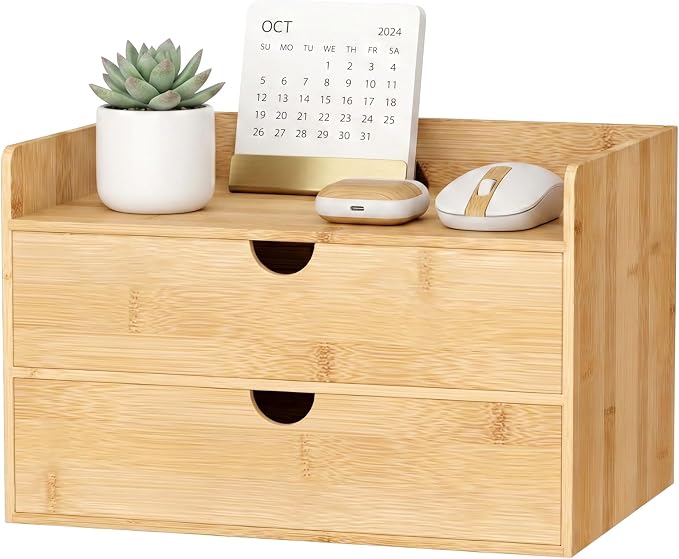 Bamboo Desk Organizer with Drawers, Desktop Storage for Office Supplies | 2 Drawers Desktop organizer, No Assembly Required, Natural Wood Wooden Desktop Drawers Box for Bills, Cosmetics, Seals, Paper by Wisuce