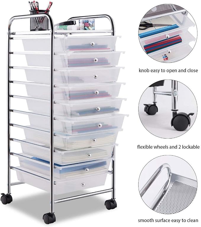 Giantex 10 Drawer Rolling Storage Cart Scrapbook Paper Office School Organizer (Clear) - Image 5