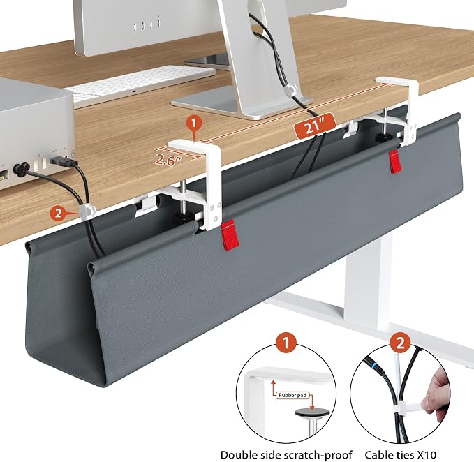 Univivi No Drill Under Desk Cable Management Tray, 36 inch Cable Management | Clamp/Screw Mount Desk Cord Organizer, Premium Fabric Cord Management, Large Capacity Desk Cable Organizer for Office, Home - Image 3