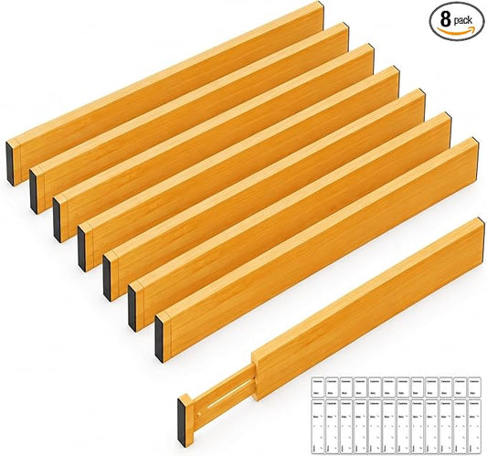 Adjustable Bamboo Drawer Dividers Expandable 8 Pack 17-22 Organizer | Kitchen, Dresser, Closet, Bathroom, Bedroom & Office Storage, Solid Moso Bamboo, Spring-Loaded, 80 Labels by LUXVIOR