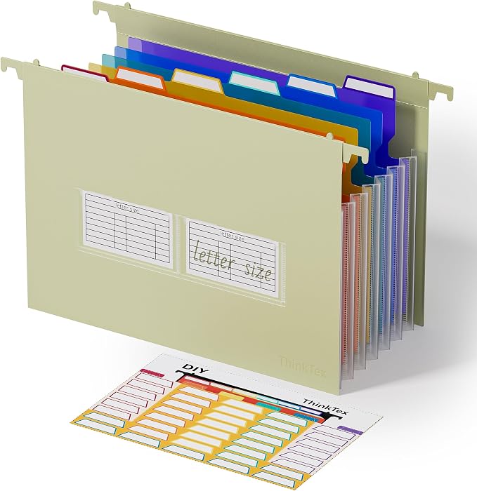 ThinkTex Plastic Expanding Hanging File Folders, 7 * 1.2" Accordion Pocket | Large Capacity, Multi-Color Tabs, Letter Size for Filing Cabinet - Yellow by ThinkTex