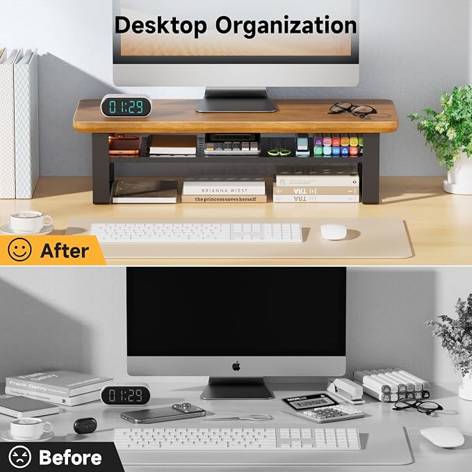 Monitor Stand Riser, 24 Inch Computer Monitor Stand for Desk, 2-Tier Wood Desk Shelf Organizer with Storage, Desktop Stand for Laptop/Screen/PC/Printer, Ergonomic Home Office Monitor Stand - Image 3