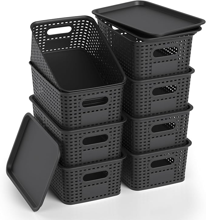 Plastic Storage Basket with Lid, Stackable Small Box Bins for Organizing and Containers for Shelves Drawers Desktop Closet Playroom Pantry Classroom Office Home, 8 Pack 10.2x7.2x4.1 Inch, Black by ZFTMRR