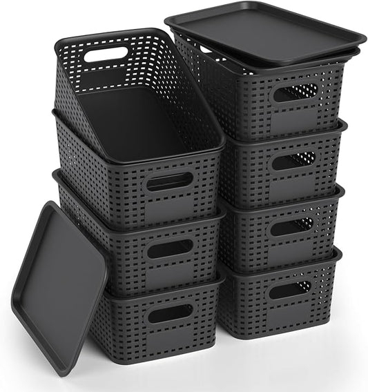 Plastic Storage Basket with Lid, Stackable Small Box Bins for Organizing and Containers for Shelves Drawers Desktop Closet Playroom Pantry Classroom Office Home, 8 Pack 10.2x7.2x4.1 Inch, Black by ZFTMRR