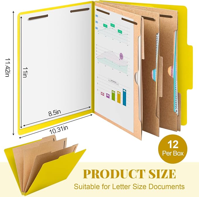 Skyygemm 12 Pcs Classification Folders 3 Pocket Dividers Letter Size Employee File Folder with 2 Prong Fasteners 2 in Expansion Pressboard Medical Document Organizers Bulk for School Office(Yellow) - Image 2