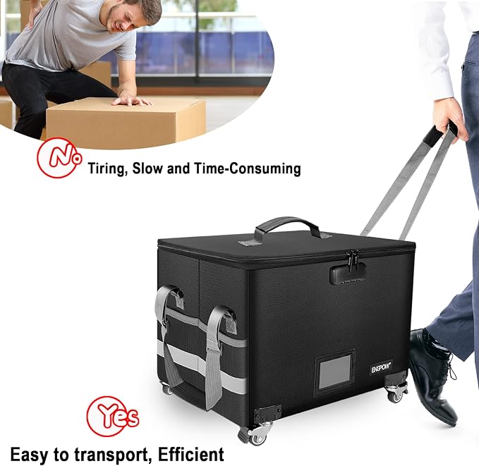 ENGPOW Fireproof Document Box with Wheels, Collapsible File Box with Lock, Rolling File Storage Organizer Filing Cabinet with Pockets, Portable Home Office Safe for Hanging Letter/Legal Folder - Image 5