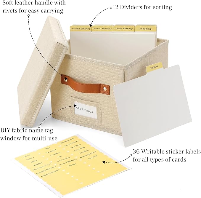 Greeting Card Organizer with dividers - Storage Box with lid Holds 150+ Cards - Assortment Box for Greeting Cards,Recipes, Photos, Envelopes, Keepsake - 9 x 9 x 7 Inches (Beige, 1 pcs) - Image 4