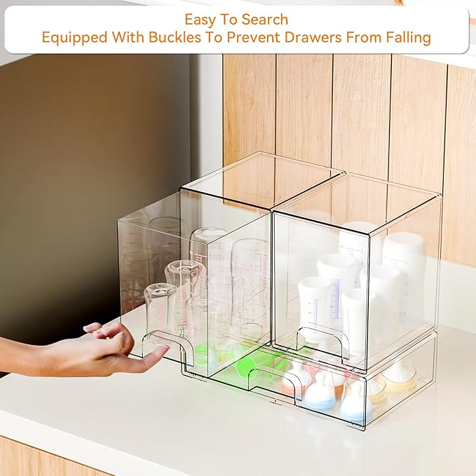 3 Set Baby Bottle Organizer for Countertop,BPA Free Bottle Station Organizer for Breast Pump Parts,Pacifier and Baby Accessories,Clear Stackable Storage Drawers and Home Edit Storage Containers - Image 4