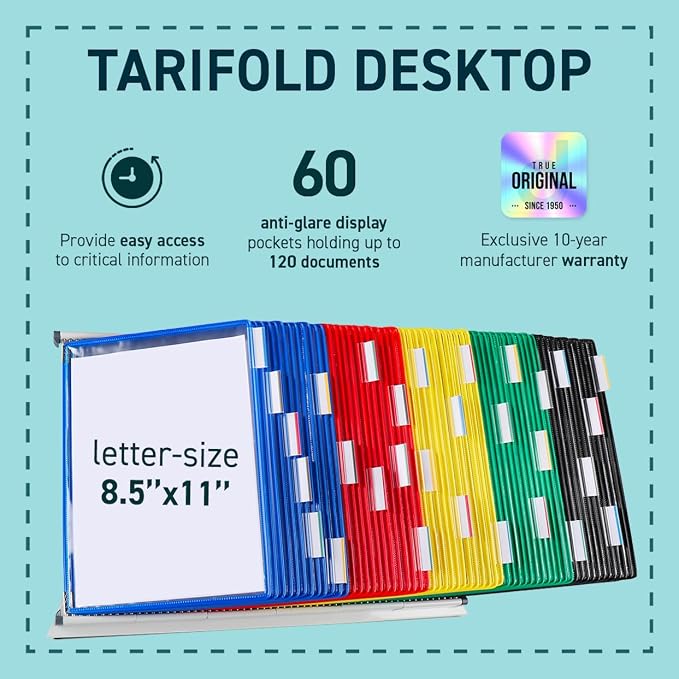 Tarifold Desktop Reference Display System, 60 Pockets, Assorted Colors | 60 Double-Sided PVC Pockets, Holds 120 Letter-Size Sheets, Sturdy Metal Base, Quick-Find Indexing, Quick and Easy to Assemble - Image 2