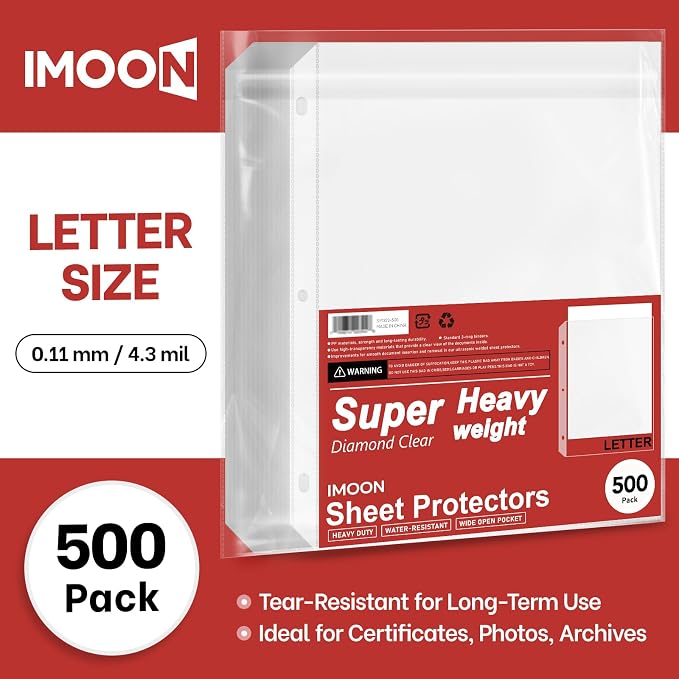 Super Heavyweight Sheet Protectors for 3 Ring Binders - 3-Hole Letter Size Clear Plastic Heavy Duty Sleeves, Archival Safe, Durable Page Protectors for Documents, 8.5x11 Inch (500 Pack Bulk) - Image 2