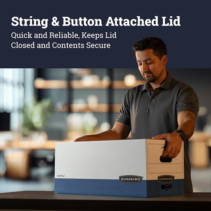 Bankers Box 12-Pack String & Button Heavy-Duty File Box, Letter, FastFold | Protect critical records with string-and-button security, FastFold setup, and heavy-duty stacking strength. - Image 5
