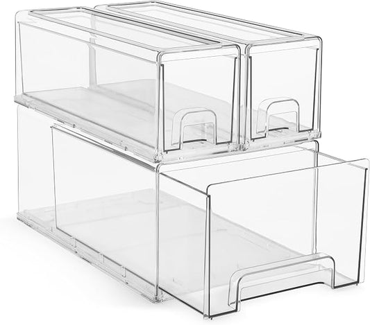 Sorbus 1 Large & 2 Small Clear Stackable Storage Drawers – Plastic Organizer Bins with Handles – Stackable Pull-Out Storage Drawers for Closet, Pantry, Office, Bathroom, Craft, and Toy Organization by Sorbus