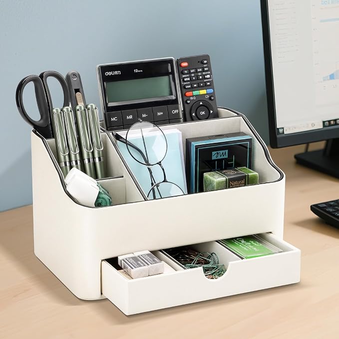 PU Leather Desk Organizer with Drawer, 5 Compartments Desktop Storage Caddy for Office Home Supplies, Pen Holder for Remote Control, Phone & Accessories, Mail Organizer Countertop Ivory White - Image 4