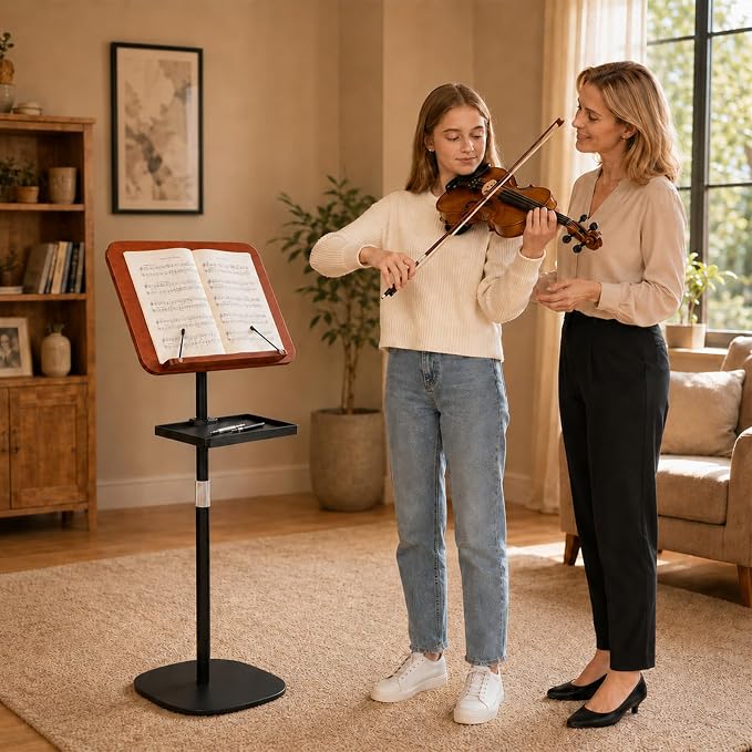 2-in-1 Dual-Use Music Stand & Desktop Book Stand with Storage Tray, Adjustable Height 22"-51" Solid Wood Book Holder with Page Clips, Laptop Floor Stand for Cookbooks, Sheet Music, Bible, Tablet - Image 7