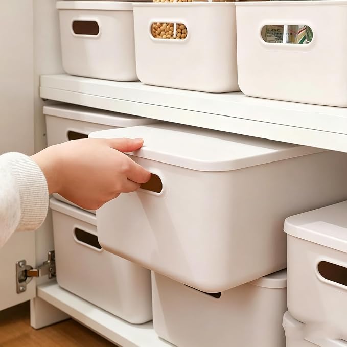 Ytteve 6 Pack Light Grey Stackable Plastic Storage Bins with Lids & Handles, Durable - 4 Large (14.4"x10.2"x6.3") & 2 Medium (11.8"x8"x4.7"), Multi-size for Closet, Shelves, Drawers, Home & Office - Image 6