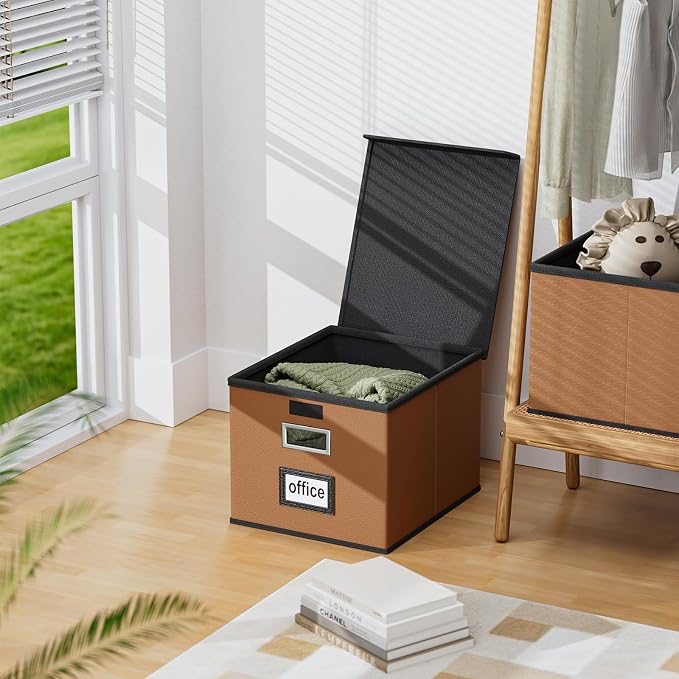 File Organizer Box with Lids, Collapsible File Folder Organizer | File Box with Plastic Slides for Document, Filing Bin for Letter Size Hanging File Folders (2 Pack, Caramel, Leather) - Image 5
