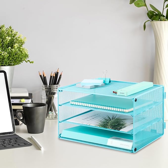Paper Organizer Tray, 3 Tier Mesh Desk File Organizer Letter Sorter Holder for Home Office, Blue - Image 4