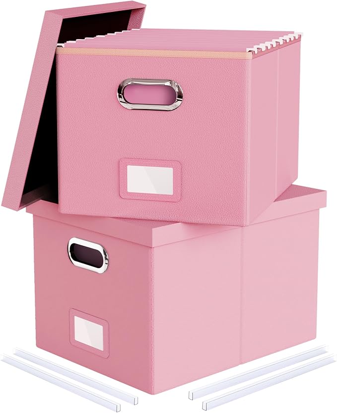 2 Pack File Storage Organizer Box,Filing Box,Portable File Box with Lid,Fit for Letter/Legal File Folder Storage, Pink(Leather)-Box only by Oterri