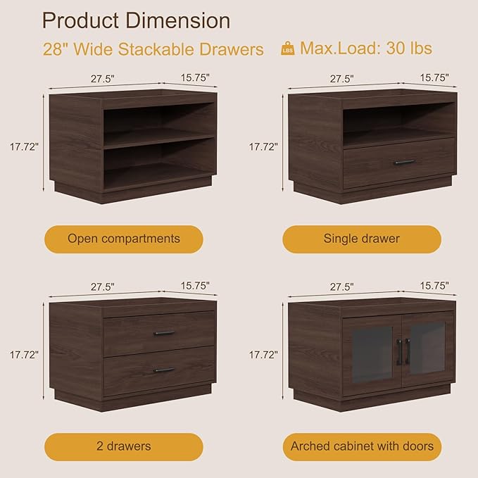Stackable Storage Drawers,28" Wide Storage Bins w/ Drawers and Compartment for Closet Organizers, Wood Stackable Closet Organizer Modern Large Stackable Storages Units for Living Room Hallway, Brown | Closet Organizers, Wood Stackable Closet Organizer ... - Image 3