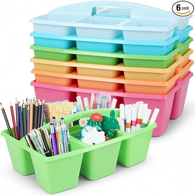 6 Pack Assorted Colors 6 Compartment Classroom Caddy with Handle Portable Plastic Storage Classroom Caddies Organizer for Classrooms Supply Teacher Office Table Desk(Pastel) by Yakydesign