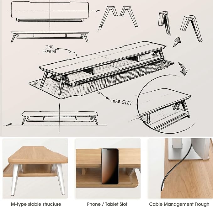 Fenge Dual Monitor Stand Riser, Wooden Desk Shelf with 2-Tier Storage | 42.5-Inch Wide, Sturdy Aluminum Legs, Built-In Phone & Tablet Slot, Desktop Organizer for Office Accessories - Image 5