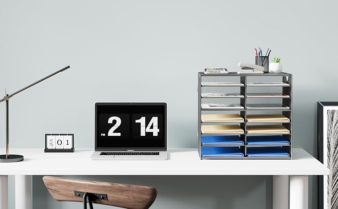 EasyPAG Paper Trays for Classroom 14 Tier Mesh Desk Organizer Shelves with Handle A4/Letter Size File Folder Organizer Shelf for Office, School, Home, Silver - Image 6