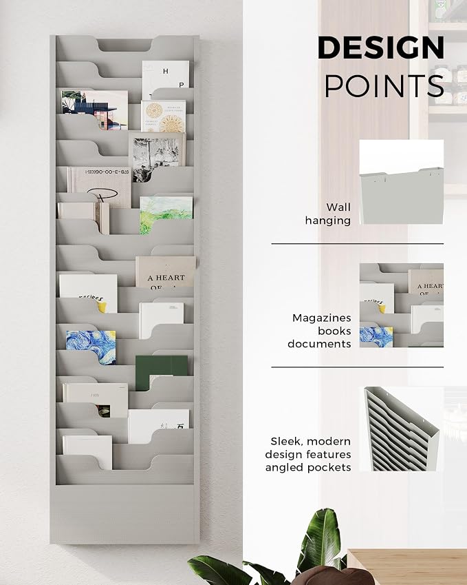 OSKIE Wall-Mount File Organizer, 16 Pockets Document Holder, Metal Construction, Gray White Powder-Coated, 14x3x46H inches - Image 4
