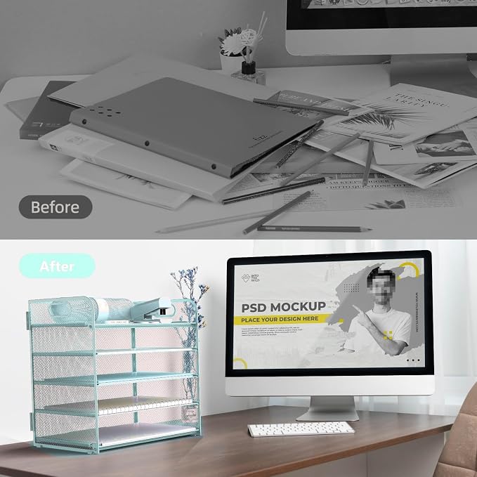 Letter Tray Paper Organizer 5-Tier Desk Organizer File Organizer Paper Holder with Handle, Metal Desktop Document Shelf Tray Office Classroom Organization - Blue - Image 3