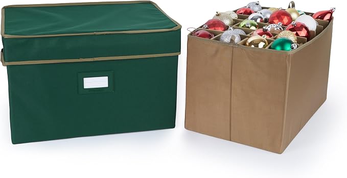 Covermates Keepsakes Adjustable Ornament Storage Box – Heavy-Duty Polyester, Padded Dividers & FlexGrid Trays – Protective Holiday Organizer with Stackable Walls & Label Window, Green by Covermates