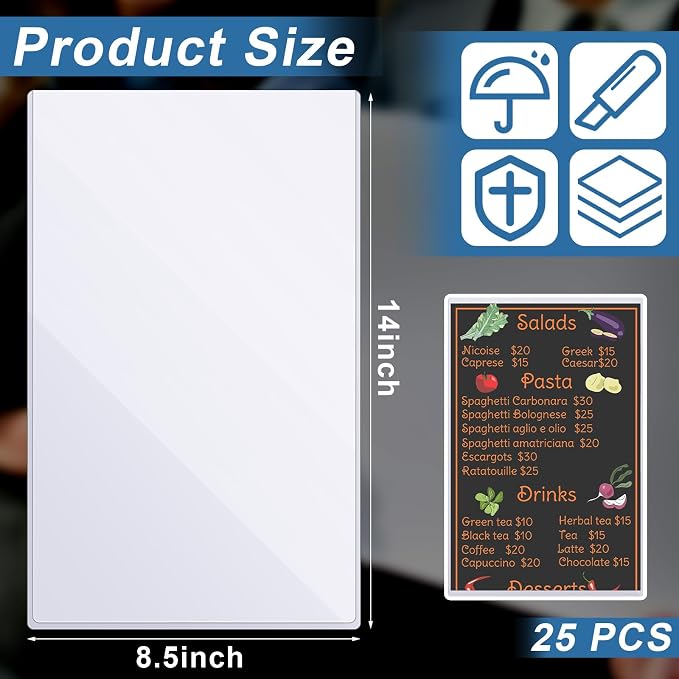25 Pcs 8.5" x 14" Clear Plastic Menu Sleeves Covers Legal Size for Restaurant Menu Protector, 8.5" x 14" Rigid Print Protectors, Clear Hard Plastic Protective Sleeves Covers - Image 4