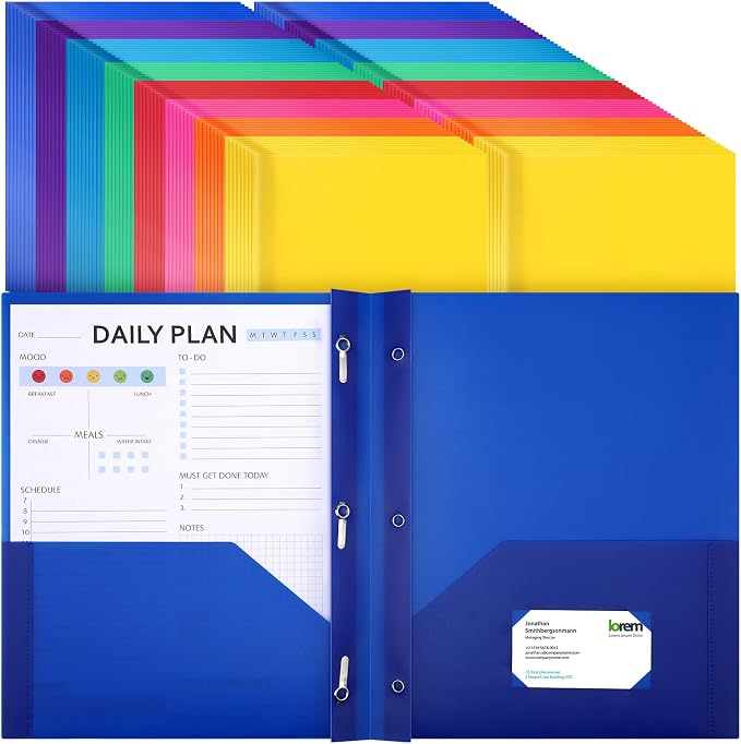 Cholemy 132 Packs Pocket Folders with Prongs Heavy Duty Plastic Folder with Business Card Slot 3 Prong Fasteners for School Office (Cute) by Cholemy