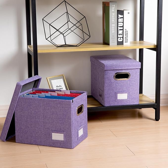 File Organizer Box - Set of 4 Collapsible Decorative Linen Filing Storage Hanging File Folders with Lids Office Cabinet Letter Size Purple (14x9.3x10.8 inch) - Image 3