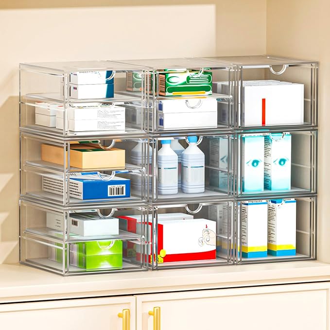 4-Pack 22-Drawer Acrylic Storage & Makeup Organizer for Desk | Smooth-glide drawers, clear acrylic, stackable, dustproof, wipe clean, for office supplies, pens, paper clips, thumb drives - Image 8