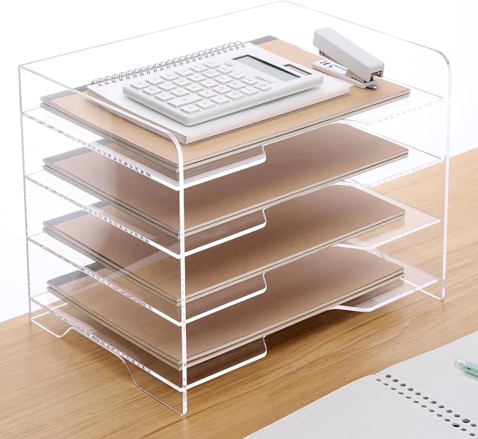 HeZone Acrylic Desk Organizer, 4 Tier Paper Tray, Clear Letter Tray, Office Accessories by HeZone