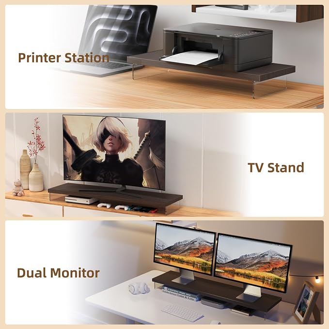 Monitor Stand Riser, 25x10 in Wood & Acrylic Computer Desk Organizer Shelf | Computer Monitor Stand With Wood & Acrylic Design; Works As Laptop Riser, Printer Stand, TV Screen Riser And Desk Organizer. - Image 7