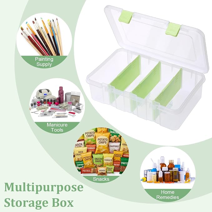 BTSKY Clear Plastic Dividing Storage Box with 4 Compartments Sewing Box | 13.3x8.1x3.4 Inches Adjustable Storage Bin with Lid Plastic Craft Storage Container Multipurpose Art Supply Organizer Green - Image 7
