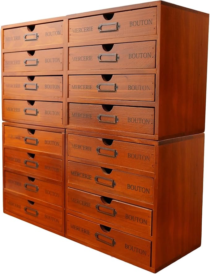 Stackable Apothecary Cabinet, 16 Drawer Wooden Storage I Vintage Card Catalog Style Organizer for Coins, Trading Cards, Crafts & DMC Floss I Multi Drawer Modular Wood Desk Cabinet w/Label Holders by PrimoSupply