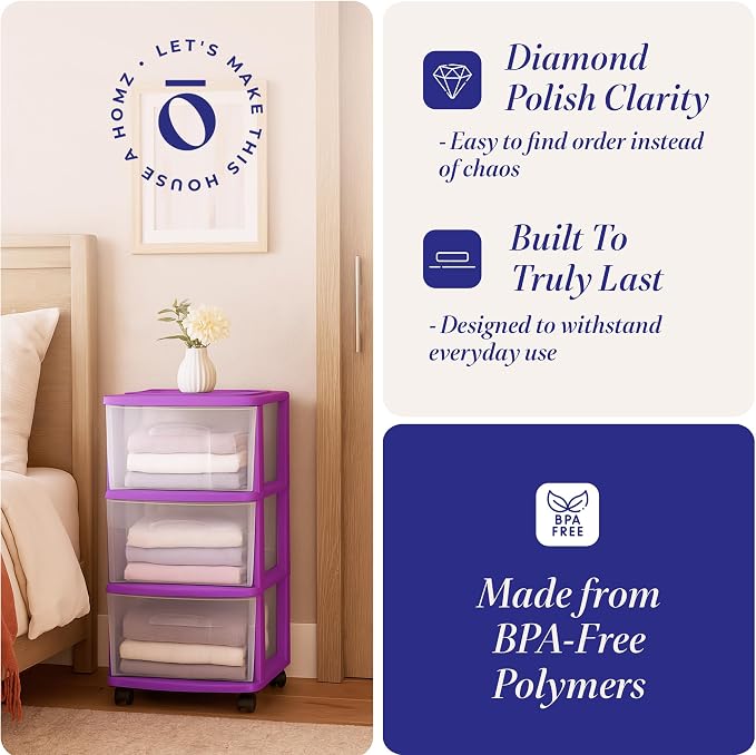 HOMZ 2-Pack Drawer Tower, 3-Tier Clear Plastic Storage Organizer Cart, Purple Frame - Organizing Containers with Wheels for Home, Bathroom, Bedroom, Office, and Classroom - Image 5