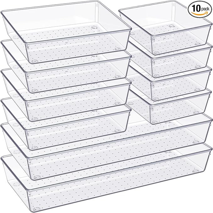Drawer Organizer, 10 Pack Large Clear Plastic Set, 3 Size Versatile Bathroom and Vanity Organizer Trays, Storage Bins for Makeup, Bedroom, Kitchen Utensils by Criusia