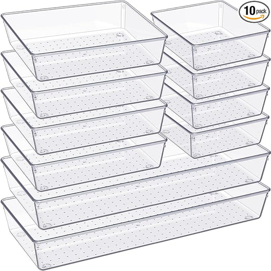 Drawer Organizer, 10 Pack Large Clear Plastic Set, 3 Size Versatile Bathroom and Vanity Organizer Trays, Storage Bins for Makeup, Bedroom, Kitchen Utensils by Criusia